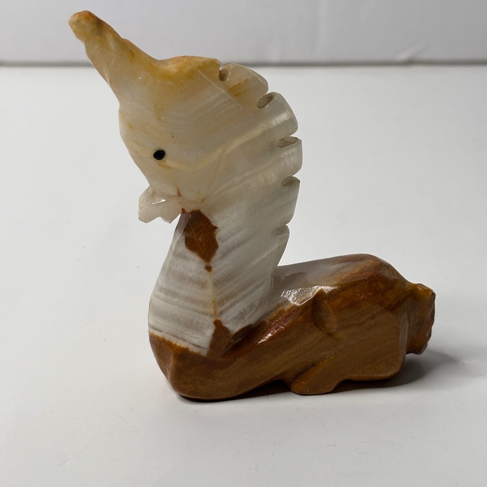 VTG Hand Carved Banded Onyx Unicorn Figurine Stone Sculpture Brown White 4"